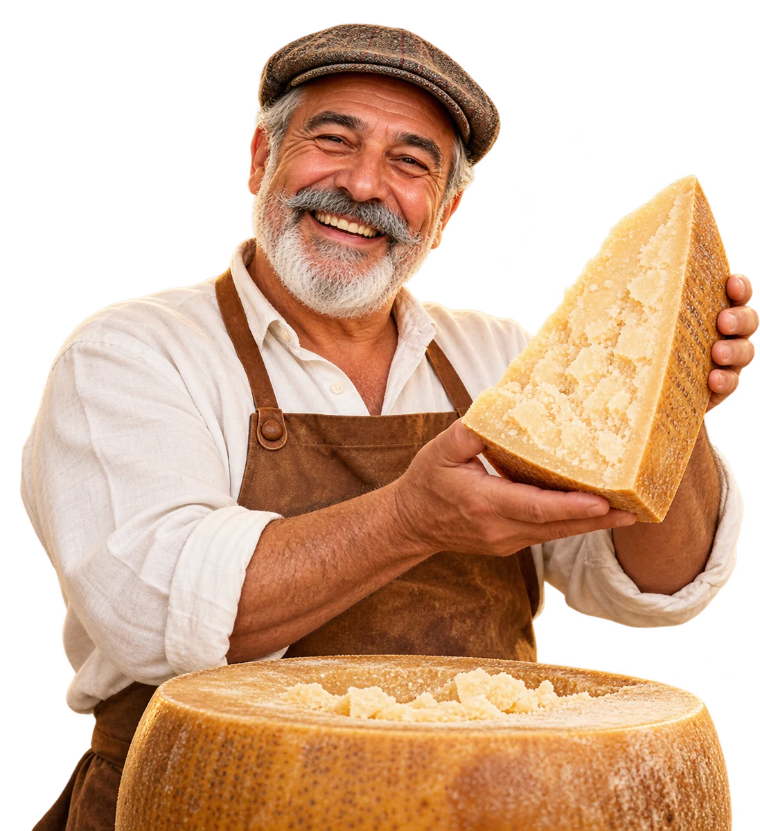 Glad italiensk ostmakare som visar upp parmesanost